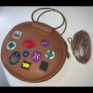 ❗️NEW❗️Circular Brown Purse with Colorful Patches and Gold Handel